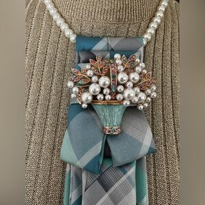 OOAK Necktie Necklace w/floral Bouquet Pearl and Stone Brooch & Pearl Necklace
